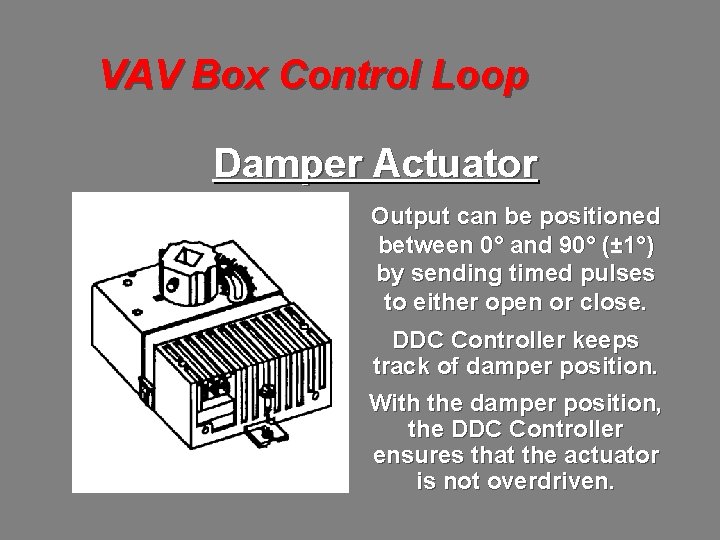 VAV Box Control Loop Damper Actuator Output can be positioned between 0° and 90°