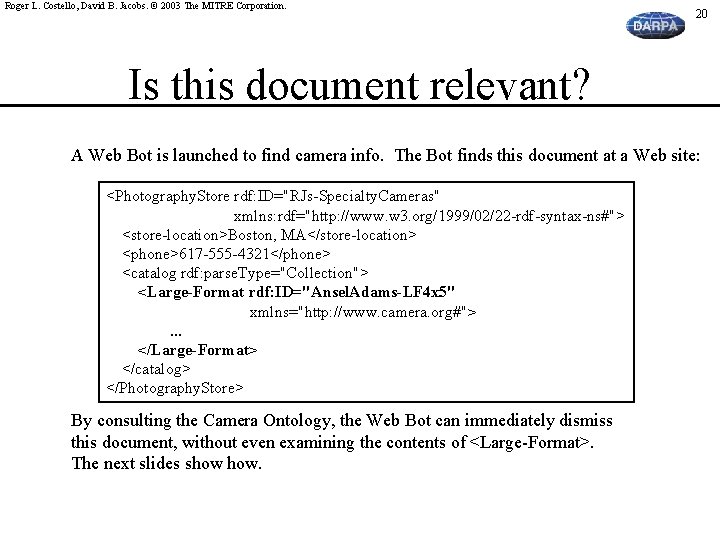 Roger L. Costello, David B. Jacobs. © 2003 The MITRE Corporation. 20 Is this