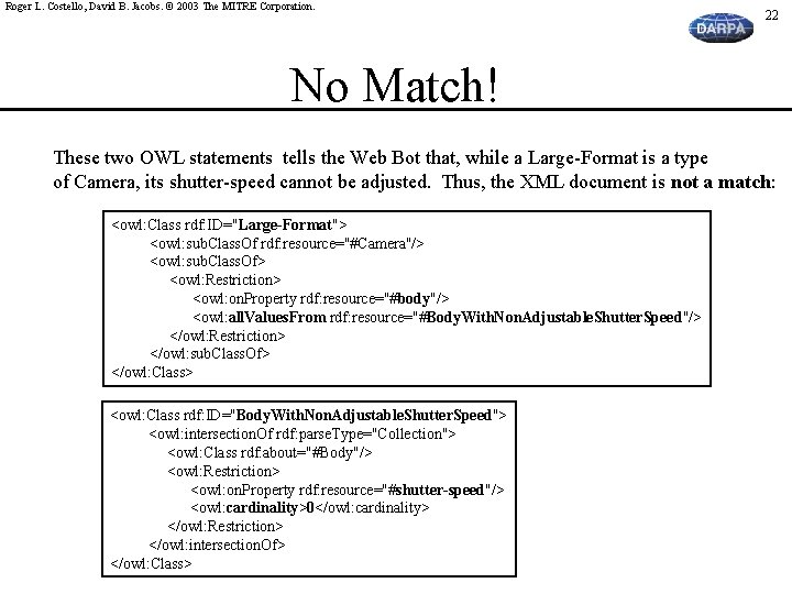 Roger L. Costello, David B. Jacobs. © 2003 The MITRE Corporation. 22 No Match!