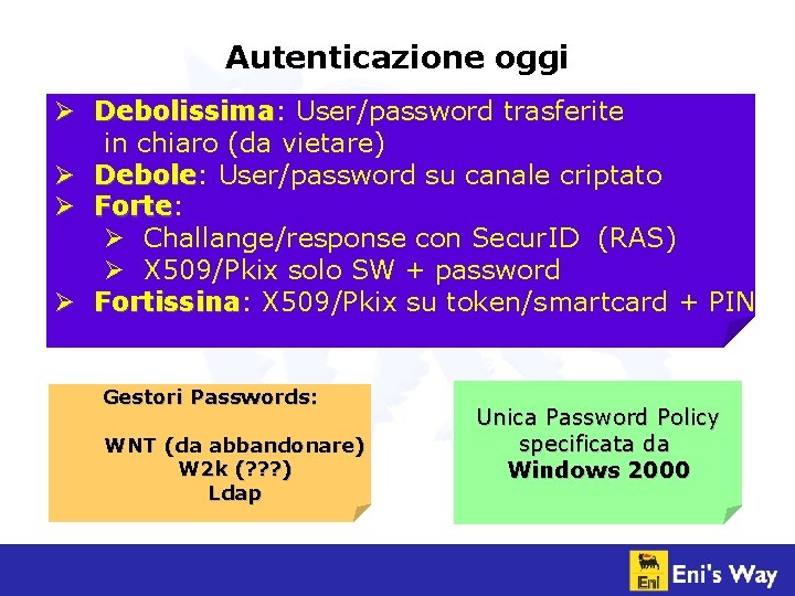 Autenticazione oggi Ø Debolissima: Debolissima User/password trasferite in chiaro (da vietare) Ø Debole: Debole