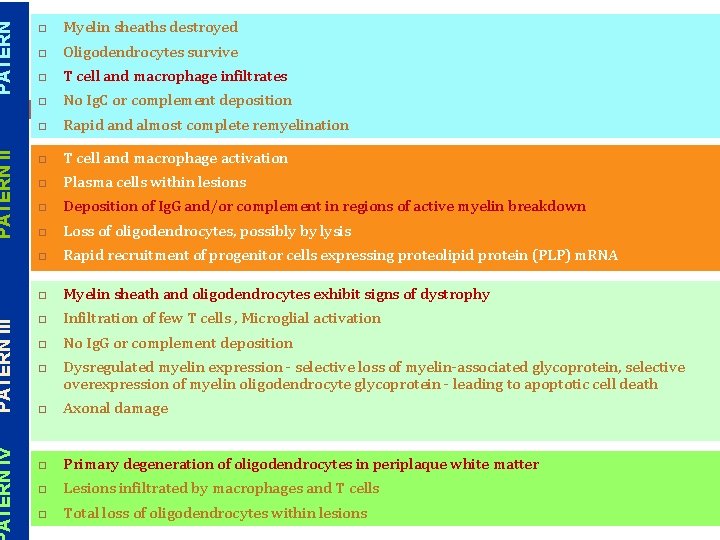 PATERN III ATERN IV Myelin sheaths destroyed Oligodendrocytes survive T cell and macrophage infiltrates