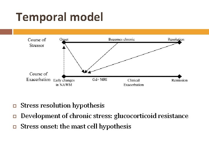 Temporal model Stress resolution hypothesis Development of chronic stress: glucocorticoid resistance Stress onset: the