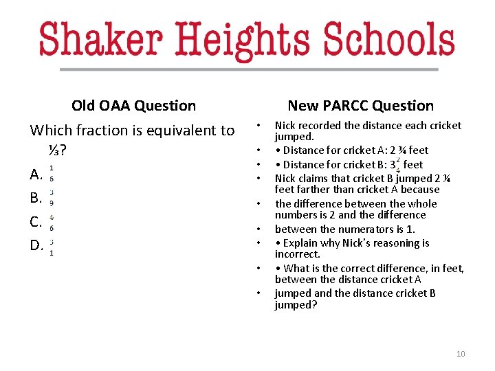 Old OAA Question Which fraction is equivalent to ⅓? A. B. C. D. New