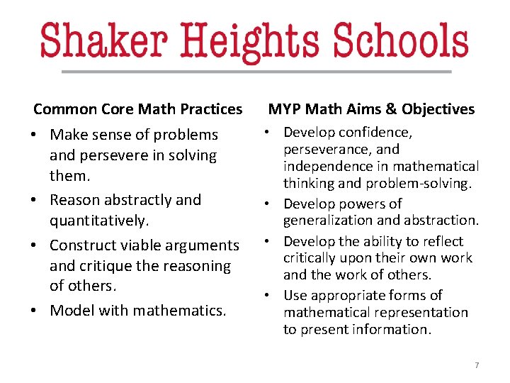 Common Core Math Practices MYP Math Aims & Objectives • Make sense of problems