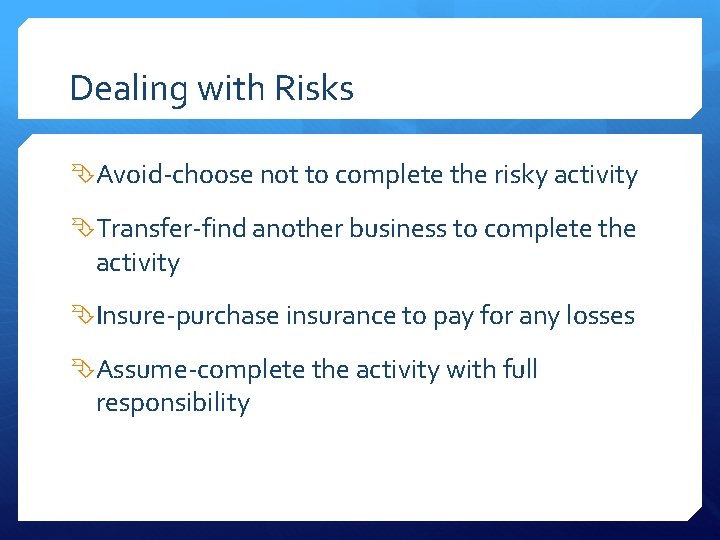 Dealing with Risks Avoid-choose not to complete the risky activity Transfer-find another business to