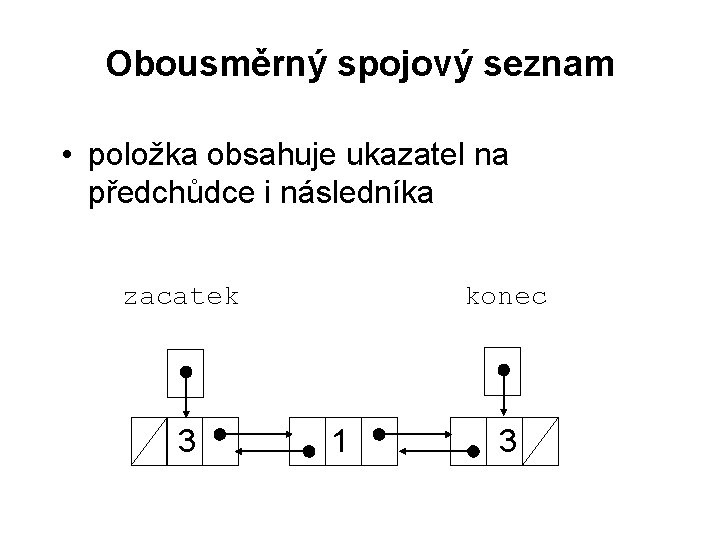 Obousměrný spojový seznam • položka obsahuje ukazatel na předchůdce i následníka zacatek 3 konec