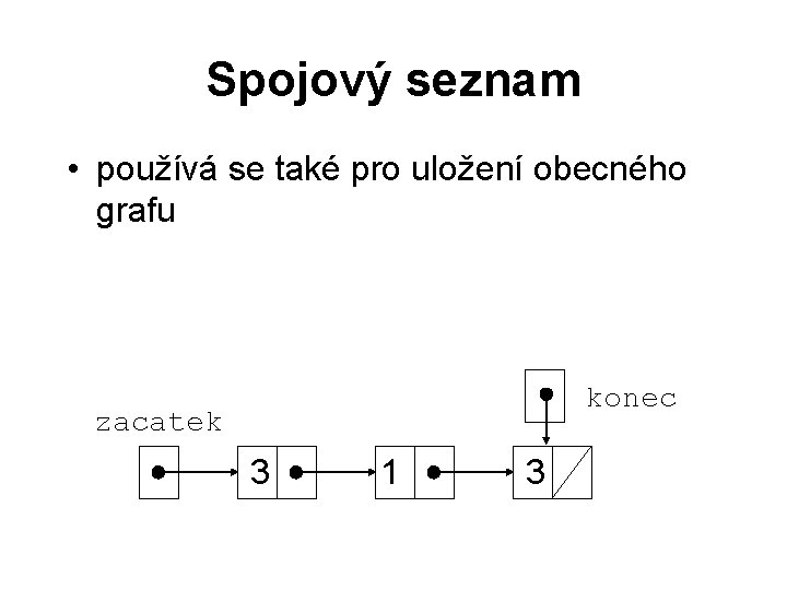 Spojový seznam • používá se také pro uložení obecného grafu konec zacatek 3 1
