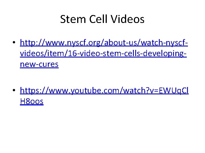 Stem Cell Videos • http: //www. nyscf. org/about-us/watch-nyscfvideos/item/16 -video-stem-cells-developingnew-cures • https: //www. youtube. com/watch?