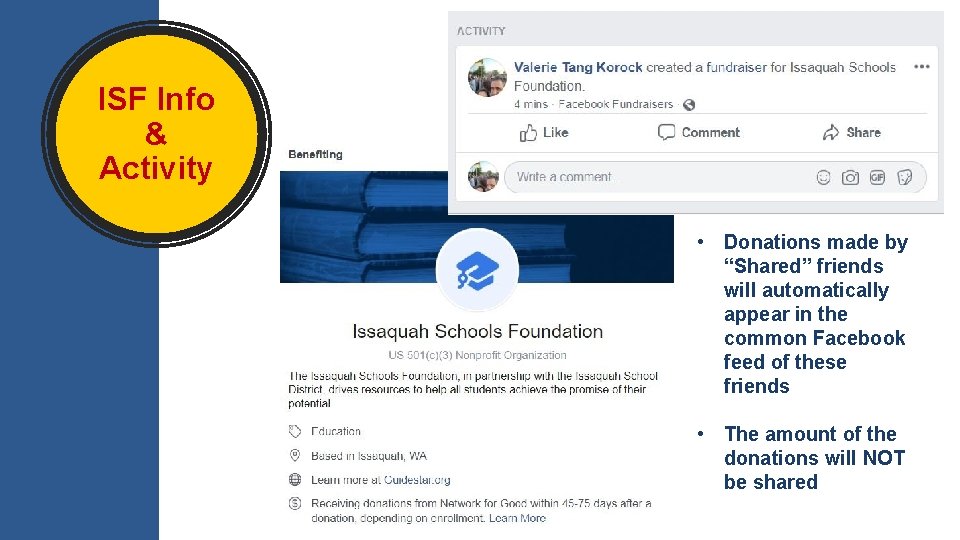 ISF Info & Activity • Donations made by “Shared” friends will automatically appear in