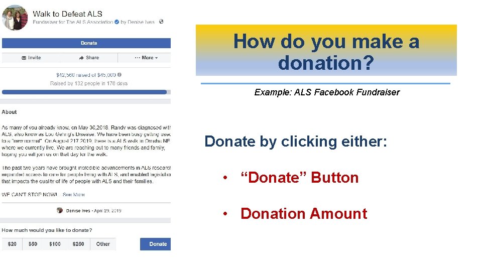 How do you make a donation? Example: ALS Facebook Fundraiser Donate by clicking either: