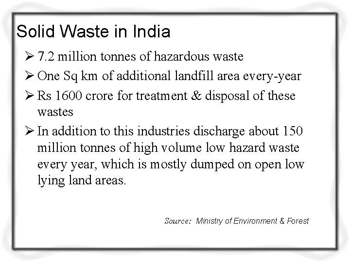 Solid Waste in India Ø 7. 2 million tonnes of hazardous waste Ø One