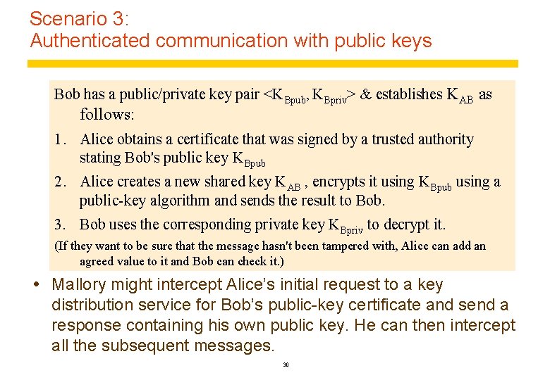 Scenario 3: Authenticated communication with public keys Bob has a public/private key pair <KBpub,