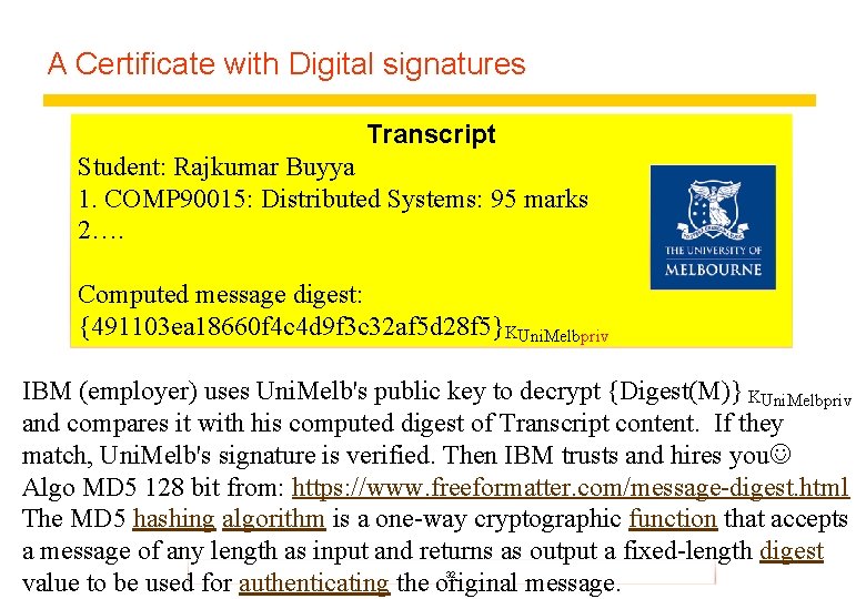 A Certificate with Digital signatures Transcript Student: Rajkumar Buyya 1. COMP 90015: Distributed Systems: