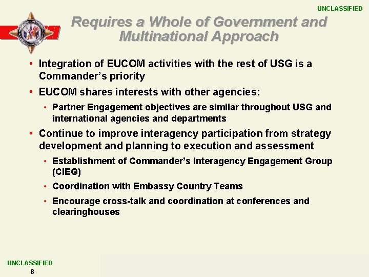 UNCLASSIFIED Requires a Whole of Government and Multinational Approach • Integration of EUCOM activities