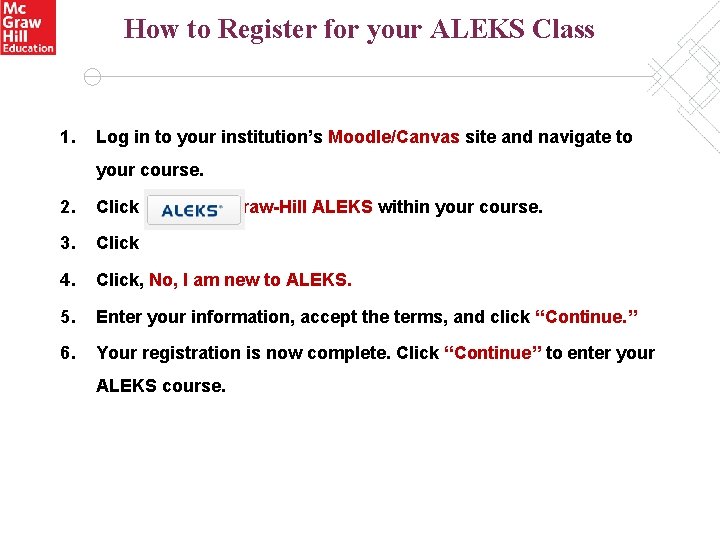 How to Register for your ALEKS Class 1. Log in to your institution’s Moodle/Canvas