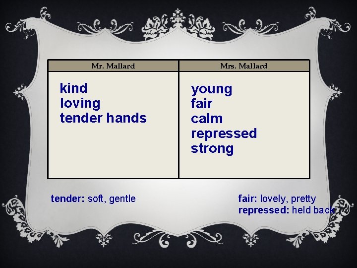 Mr. Mallard kind loving tender hands tender: soft, gentle Mrs. Mallard young fair calm