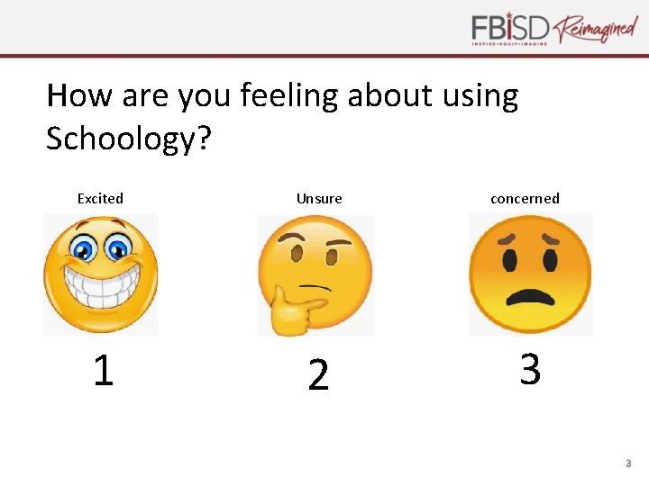 How are you feeling about using Schoology? Excited Unsure 1 2 concerned 3 3
