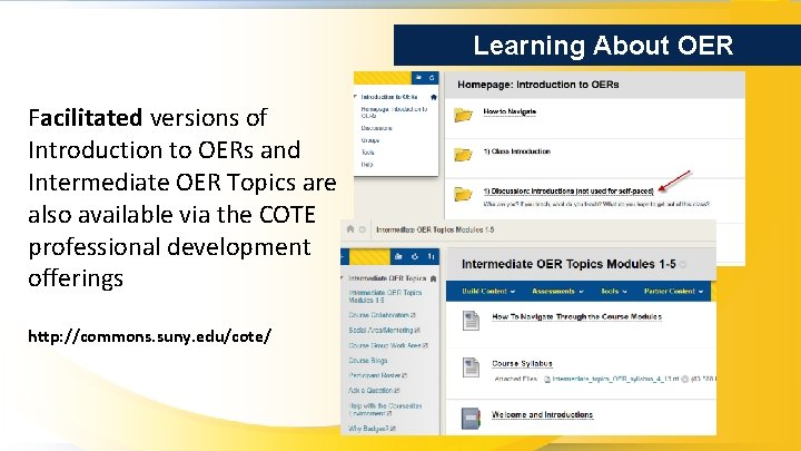 Learning About OER Facilitated versions of Introduction to OERs and Intermediate OER Topics are