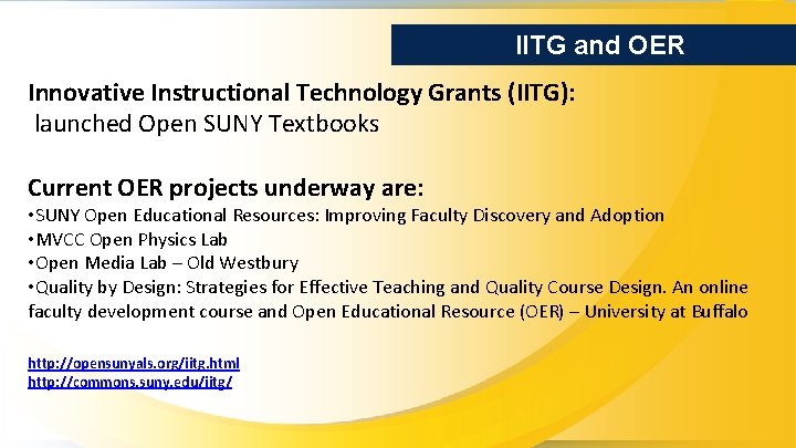 IITG and OER Innovative Instructional Technology Grants (IITG): launched Open SUNY Textbooks Current OER