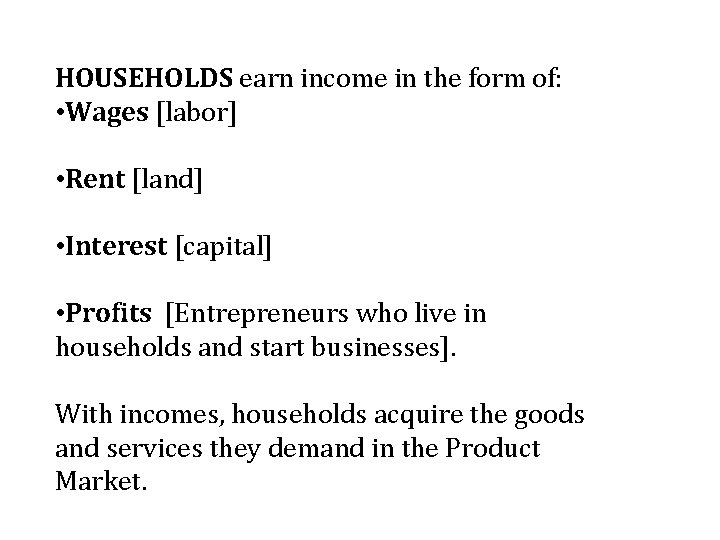 HOUSEHOLDS earn income in the form of: • Wages [labor] • Rent [land] •