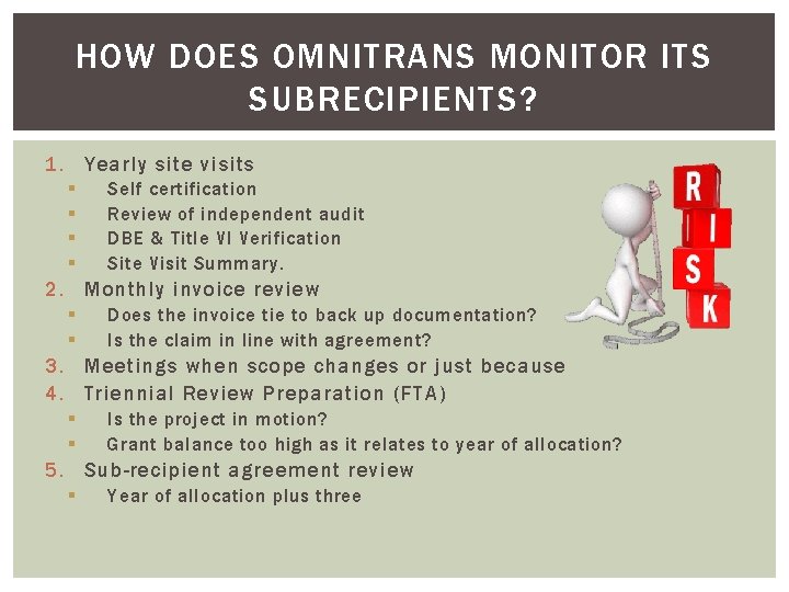 HOW DOES OMNITRANS MONITOR ITS SUBRECIPIENTS? 1. Yearly site visits § § Self certification