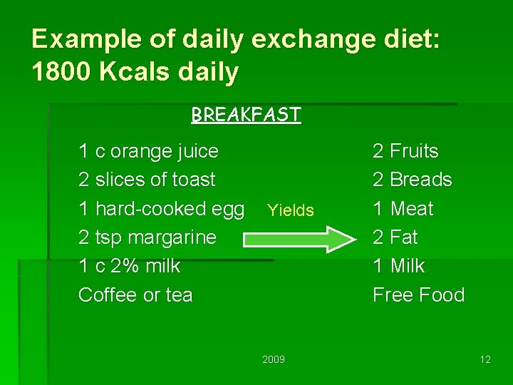 Example of daily exchange diet: 1800 Kcals daily BREAKFAST 1 c orange juice 2