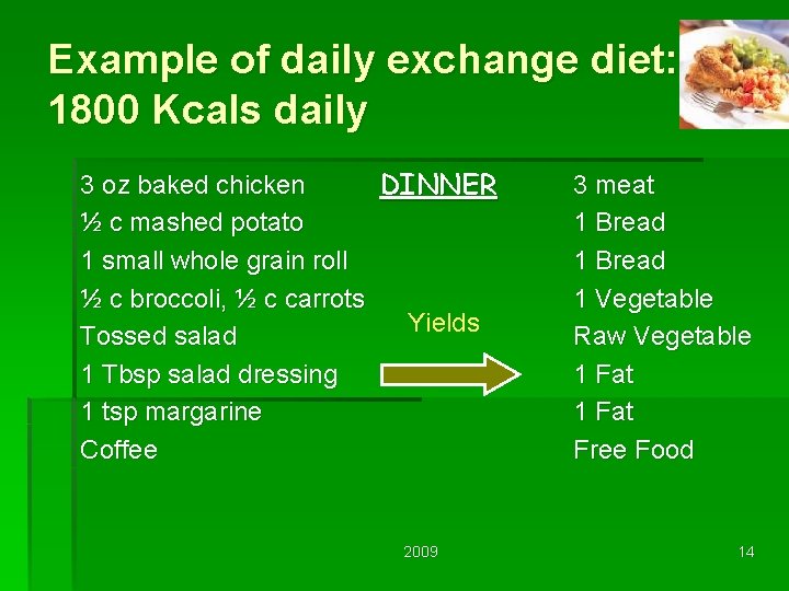 Example of daily exchange diet: 1800 Kcals daily 3 oz baked chicken DINNER ½