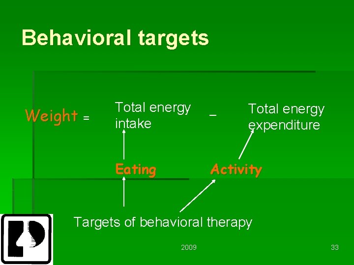 Behavioral targets Weight = Total energy intake _ Eating Activity Total energy expenditure Targets
