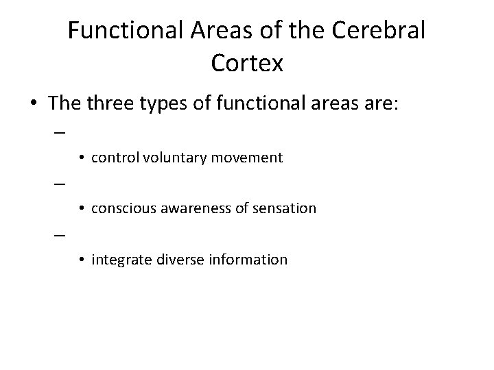 Functional Areas of the Cerebral Cortex • The three types of functional areas are: