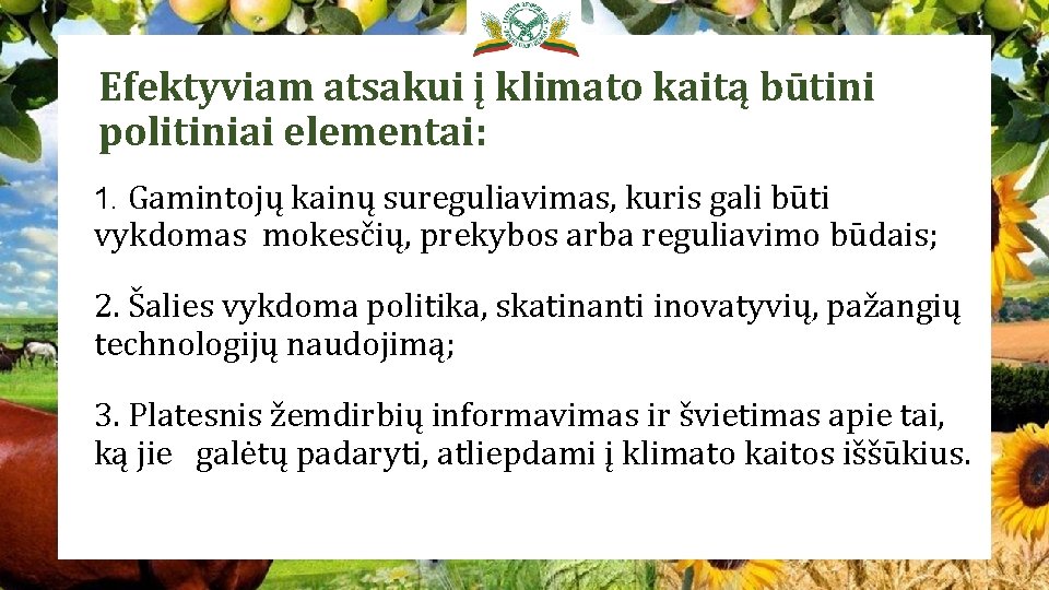 Efektyviam atsakui į klimato kaitą būtini politiniai elementai: 1. Gamintojų kainų sureguliavimas, kuris gali