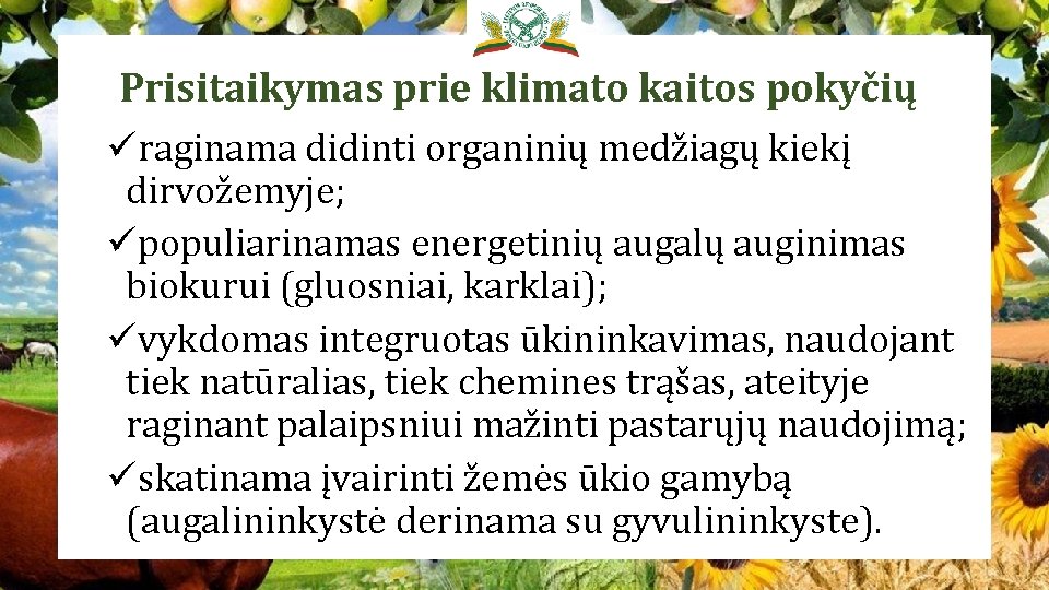 Prisitaikymas prie klimato kaitos pokyčių üraginama didinti organinių medžiagų kiekį dirvožemyje; üpopuliarinamas energetinių augalų