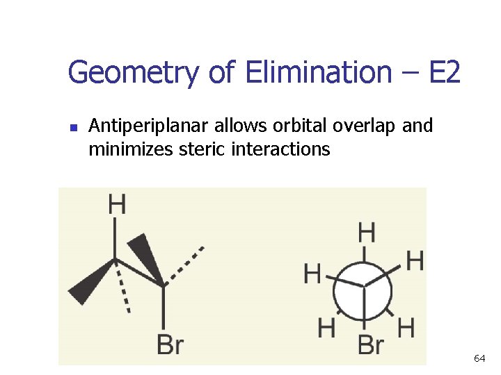 Geometry of Elimination – E 2 n Antiperiplanar allows orbital overlap and minimizes steric