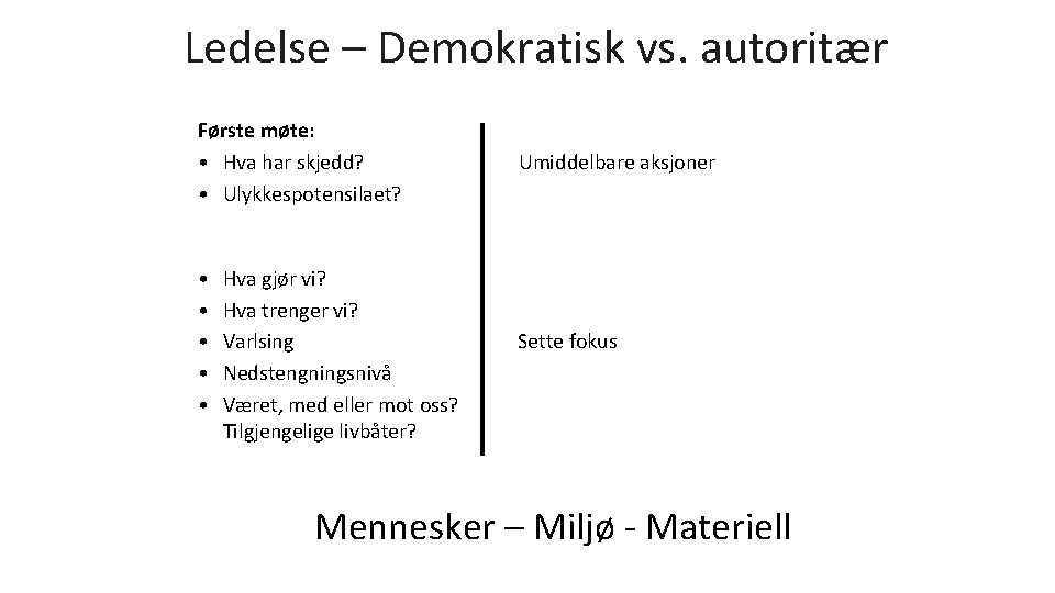 Ledelse – Demokratisk vs. autoritær Første møte: • Hva har skjedd? • Ulykkespotensilaet? Umiddelbare