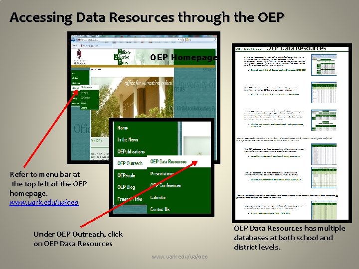 Accessing Data Resources through the OEP Homepage OEP Data Resources Refer to menu bar