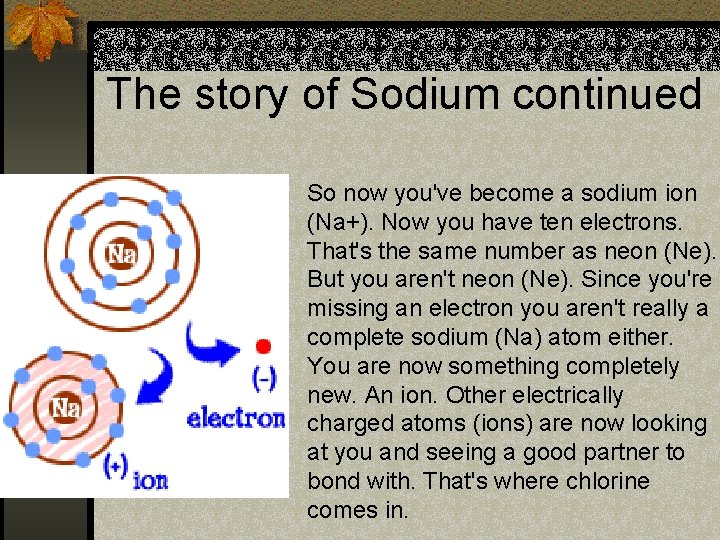 The story of Sodium continued So now you've become a sodium ion (Na+). Now