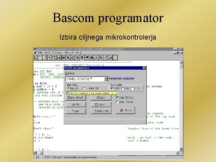 Bascom programator Izbira ciljnega mikrokontrolerja 