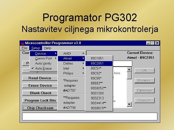 Programator PG 302 Nastavitev ciljnega mikrokontrolerja 