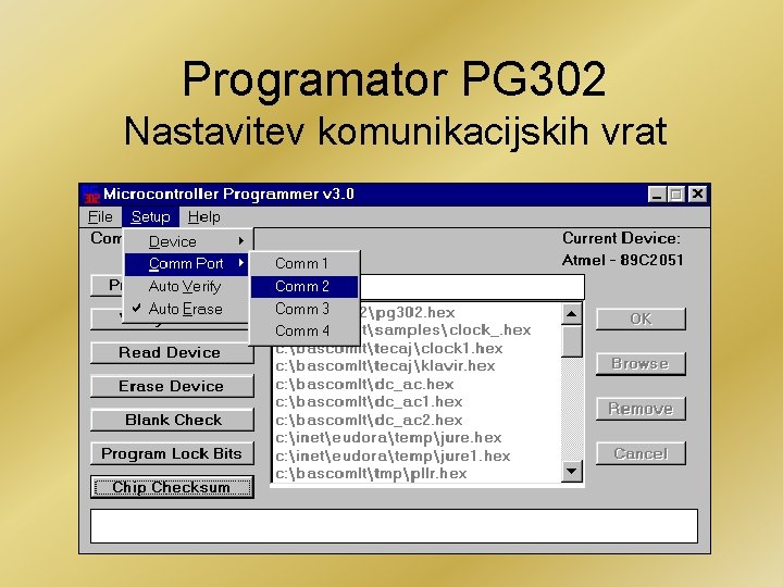 Programator PG 302 Nastavitev komunikacijskih vrat 