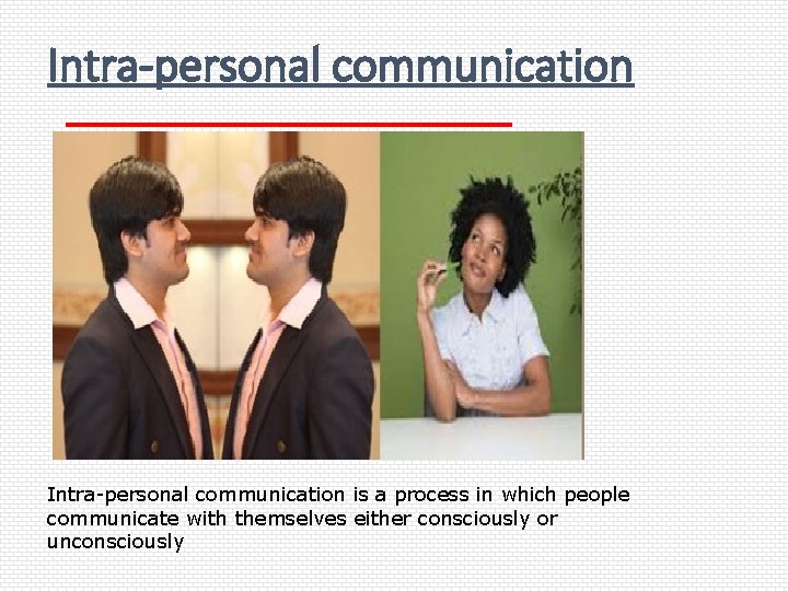 Intra-personal communication is a process in which people communicate with themselves either consciously or