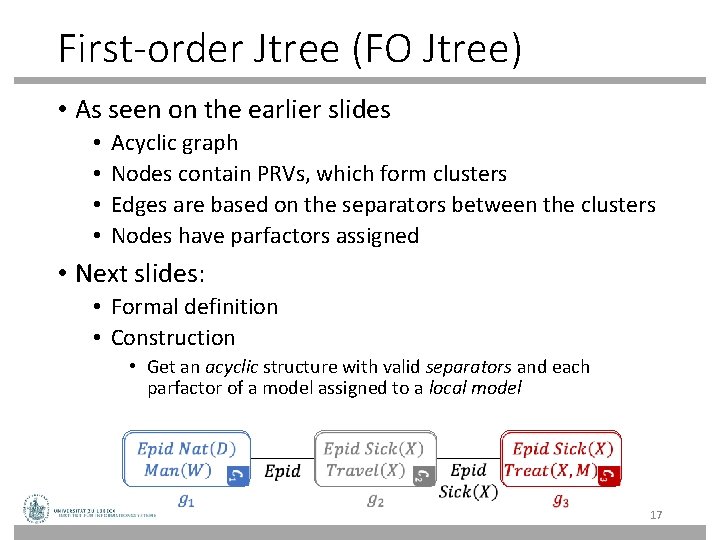 First-order Jtree (FO Jtree) • As seen on the earlier slides • • Acyclic