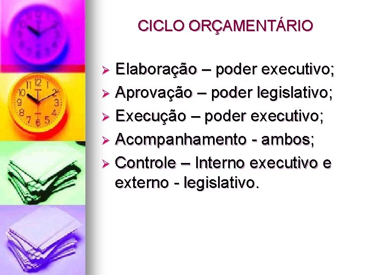 CICLO ORÇAMENTÁRIO Elaboração – poder executivo; Ø Aprovação – poder legislativo; Ø Execução –