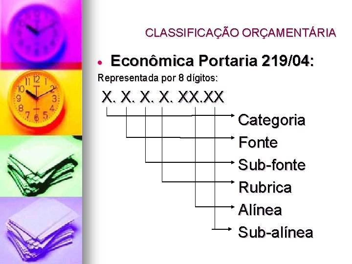 CLASSIFICAÇÃO ORÇAMENTÁRIA Econômica Portaria 219/04: Representada por 8 dígitos: X. X. XX. XX Categoria