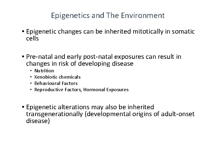 Epigenetics and The Environment • Epigenetic changes can be inherited mitotically in somatic cells