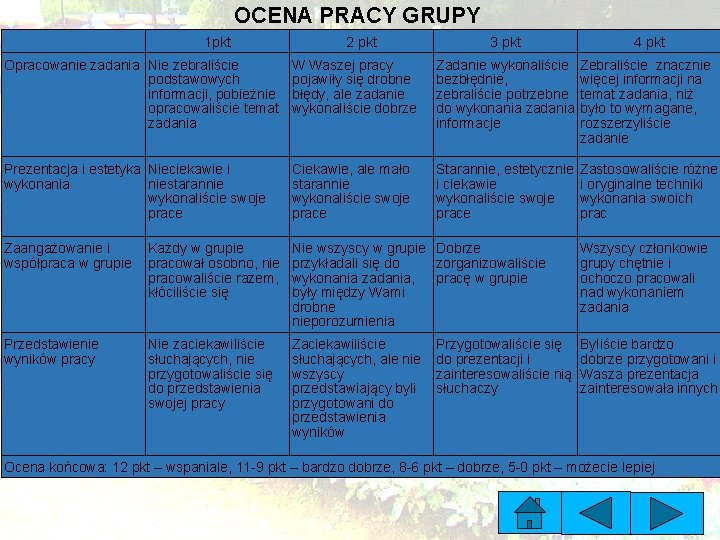 OCENA PRACY GRUPY 1 pkt 2 pkt 3 pkt 4 pkt Opracowanie zadania Nie