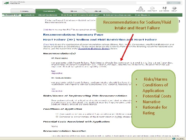 Recommendations for Sodium/Fluid Intake and Heart Failure • • • Risks/Harms Conditions of Application