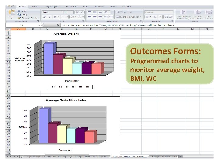 Outcomes Forms: Programmed charts to monitor average weight, BMI, WC 