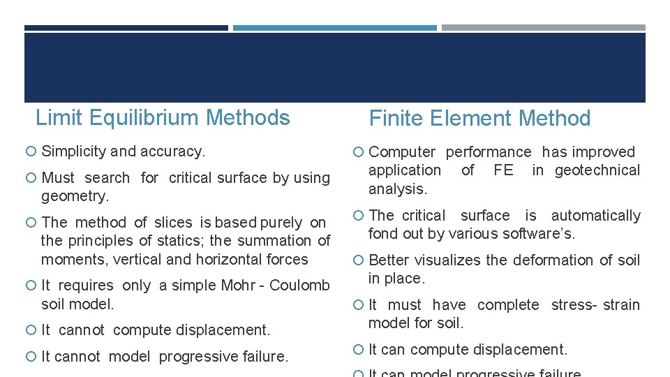 Limit Equilibrium Methods Simplicity and accuracy. Must search for critical surface by using geometry.