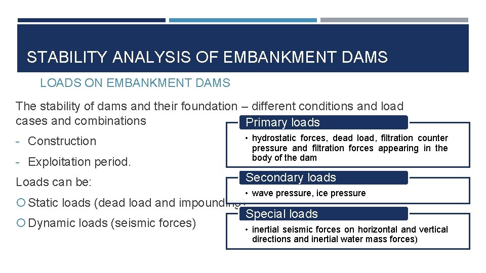 STABILITY ANALYSIS OF EMBANKMENT DAMS LOADS ON EMBANKMENT DAMS The stability of dams and