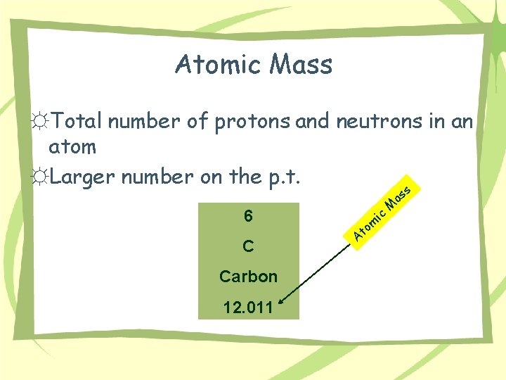 Atomic Mass ☼Total number of protons and neutrons in an atom ☼Larger number on