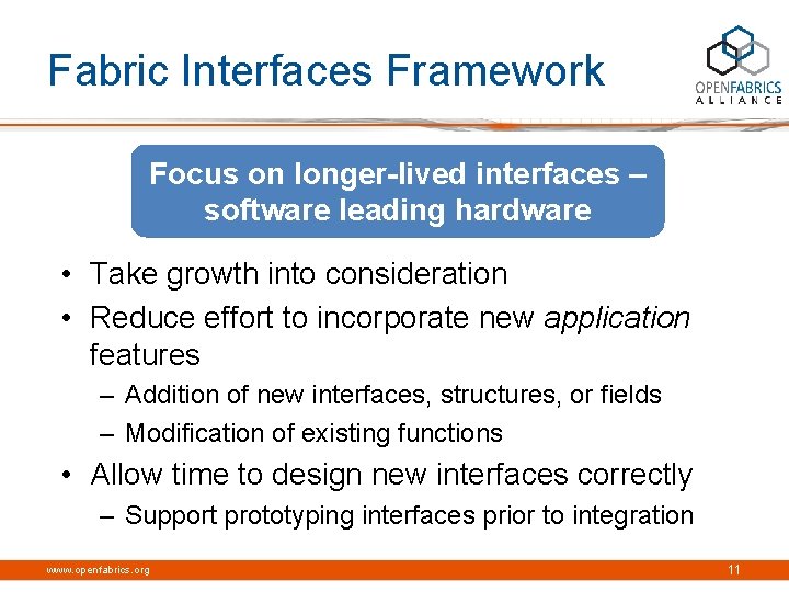 Fabric Interfaces Framework Focus on longer-lived interfaces – software leading hardware • Take growth